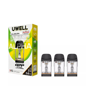 Uwell GPP Alpha vape pod packaging with three pods on a white background in 0.6ohm resistance, 3ml XL.