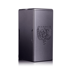 Three Vaperz Cloud Hammer of God box mods in blue, black, and grey, with logo designs.