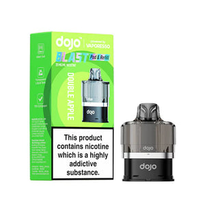 An image displaying the Vaporesso Dojo Blast 6000 prefilled pod in the
Double Apple flavour. The packaging emphasises features such as mesh coil technology, a transparent liquid tank, and TPD compliance, with the pod clearly shown for convenience and sleek design.