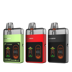 Three Vaporesso Eco Nano Pro Pod Kits in green, red, and black with sleek designs.