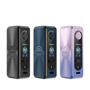 Three Vaporesso Gen S box mods in black, blue, and pink with digital displays.