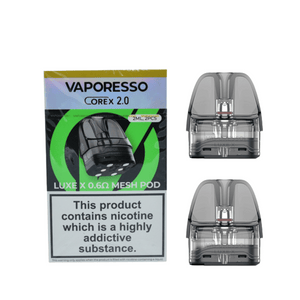 Vaporesso Luxe X Corex 2.0 replacement pod cartridges, two pods shown next to packaging.