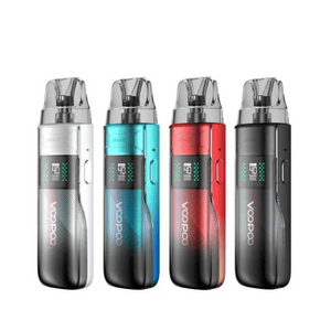 Four Voopoo Argus E40 pod vape kits in silver, teal, red, and black.