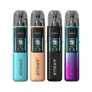 Four Voopoo Argus G2 pod vape kits in blue, gold, black, and purple, displayed upright.