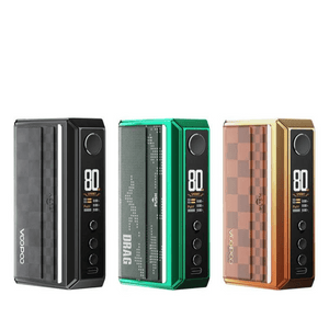 Three Voopoo Drag 5 Box Mods in black, green, and orange with digital displays.