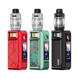 Three Voopoo Drag 6 Vape Kit in red, green and black on a white background.