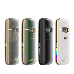 Voopoo Vmate E2 pod vape kit in four colours: grey, green, black, and white, with gold accents.