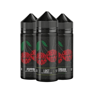 Three bottles of Wick Liquor Cherry Good Cherry Nice e-liquid, 100ml each, with black labels.