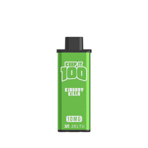 Green Zeltu X3 pod with Keep It 100 branding, labelled "Kiberry Killa," 10mg nicotine.