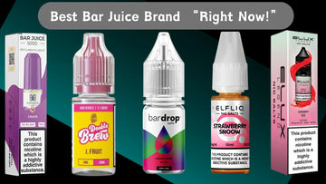 A lineup of premium e-liquid bottles showcasing popular bar juice brands, including Bar Juice 5000 (Grape), Double Brew (J. Fruit), Bardrop Salts (Watermelon + Ice), Elfliq (Strawberry Snow), and Elux Legend Nic Salts (Cherry Ice). 