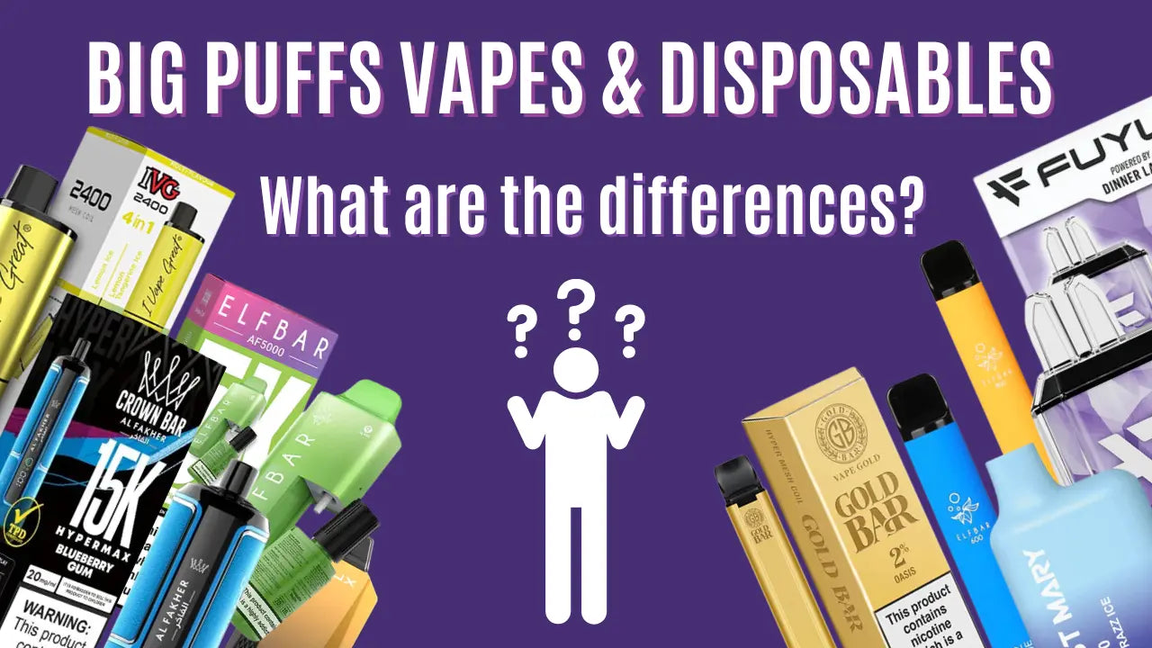 big puff vapes to the left & disposable vapes to the right with a figure between questioning what are the differences