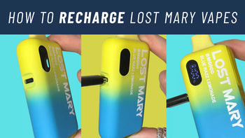 Step-by-step Lost Mary vape charging process showing USB-C port on Blue Razz Lemonade flavour