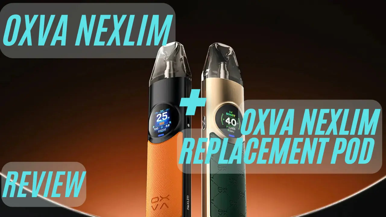 Two sleek vape devices side by side against a gradient background, labeled "OXVA NEXLIM REVIEW" and "OXVA NEXLIM REPLACEMENT POD."