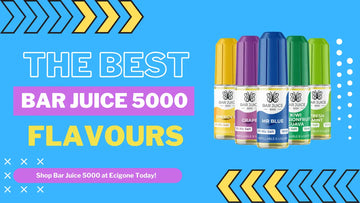 Colorful display of Bar Juice 5000 vape flavors with text highlighting "The Best Flavours" and a shopping call to action.