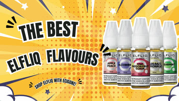 Colorful graphic promoting ELFLIQ vape flavors, featuring bottles of Apple Peach, Blueberry, Kiwi Passion Fruit Guava, and Spearmint.