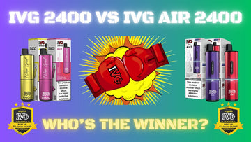 A vibrant graphic comparing the IVG 2400 and IVG Air 2400 disposable vapes. On the left, IVG 2400 devices in sleek yellow and pink, and on the right, IVG Air 2400 with dual-colour designs. At the centre, two boxing gloves with ‘IVG’ branding signify a hea