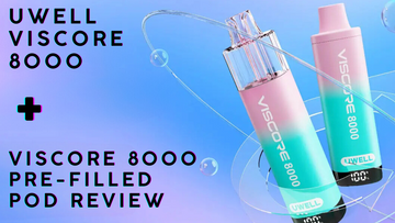 Image featuring Uwell Viscore 8000 vaping devices with a colorful gradient background and bubbles, promoting a pod review.