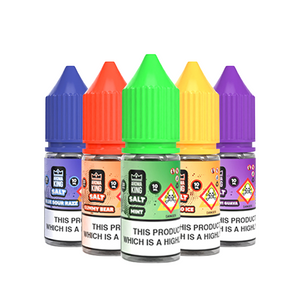 Five brightly coloured bottles of Drip King Salt e-liquids: Blue Sour Raspberry, Gummy Bear, Mint, Red Ice, and Pink Guava.