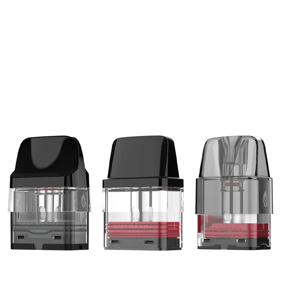 Three Vaporesso vape pods with black and transparent designs, featuring red accents.