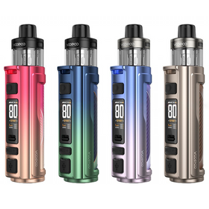Four VOOPOO vape devices in red, blue, purple, and gold, each with an 80W display screen.
