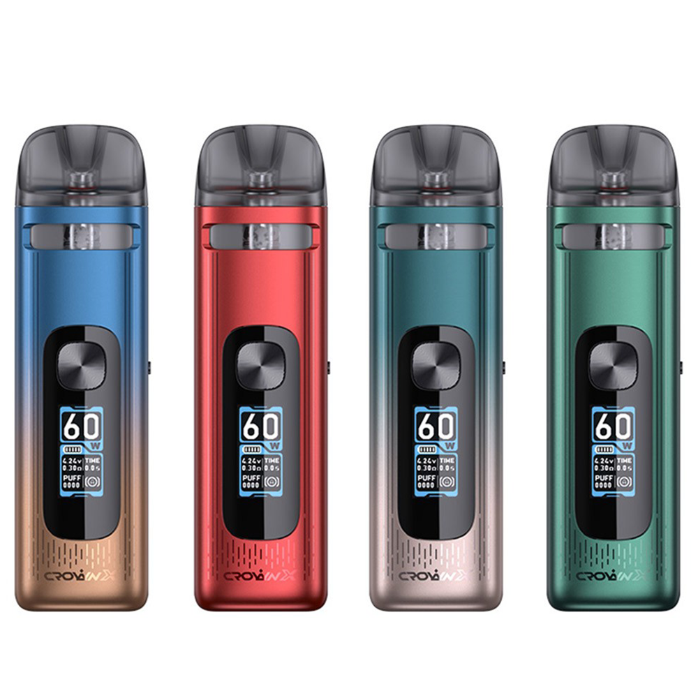 Four Voopoo Argus P1 vape devices in blue, red, green, and teal with digital displays.