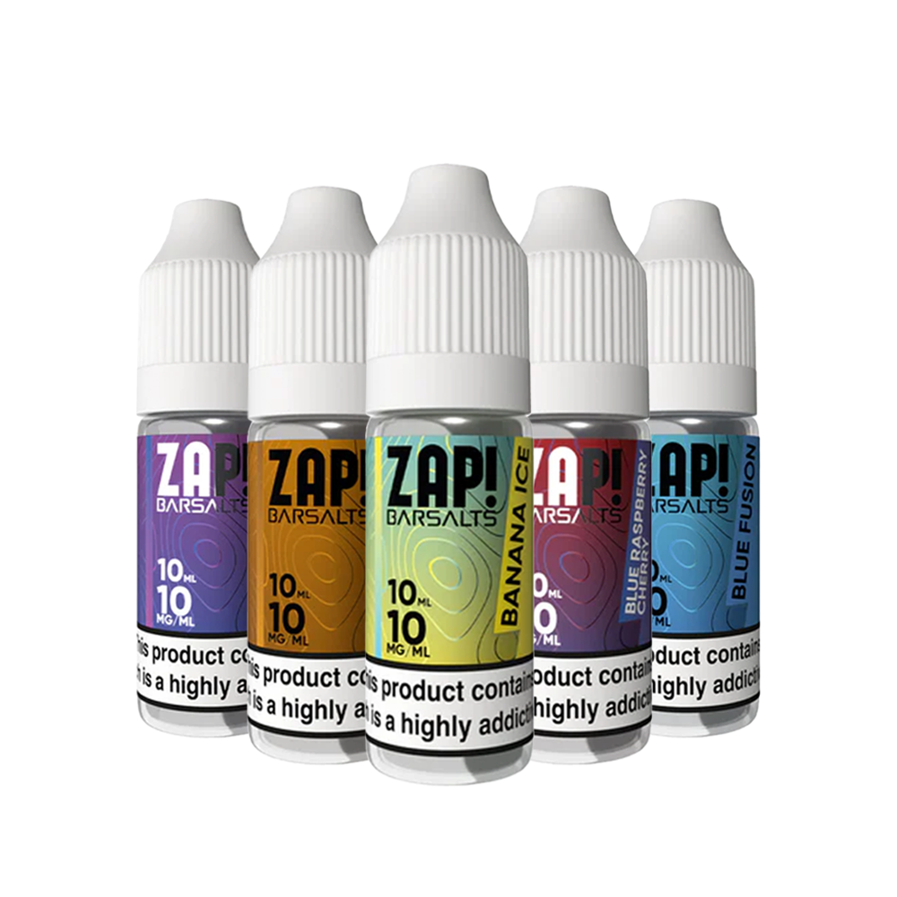 Five Zap! Bar Salts e-liquid bottles in various flavours, each labelled with nicotine content.