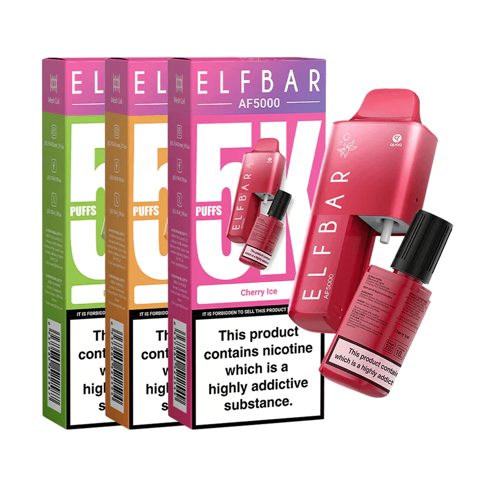 Elf Bar AF5000 vapes in Cherry Ice, displayed with packaging and nicotine warning.