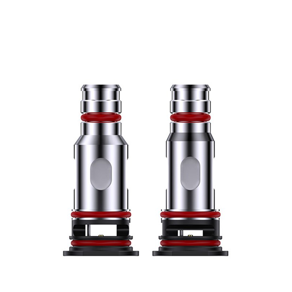 Two metallic SMOK vape coils with red O-rings, standing upright on a white background.