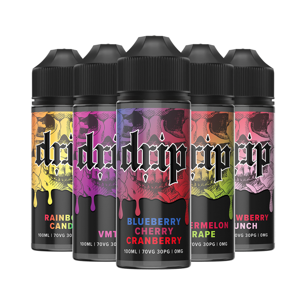 Five Drip e-liquid bottles: Rainbow Candy, VMTO, Blueberry Cherry Cranberry, Watermelon Grape, Berry Crunch.