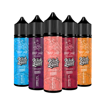 Five colourful Wick Liquor Imp Jar e-liquid bottles in a row, featuring various flavours.