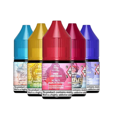 Five bottles of Dr Vapes e-liquid in various flavours and vibrant colours, including Pink Lemonade.