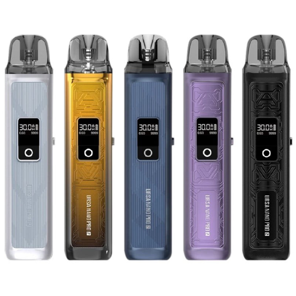 Five Uwell Crown M Pod Kits in silver, gold, blue, purple, and black, lined up vertically.