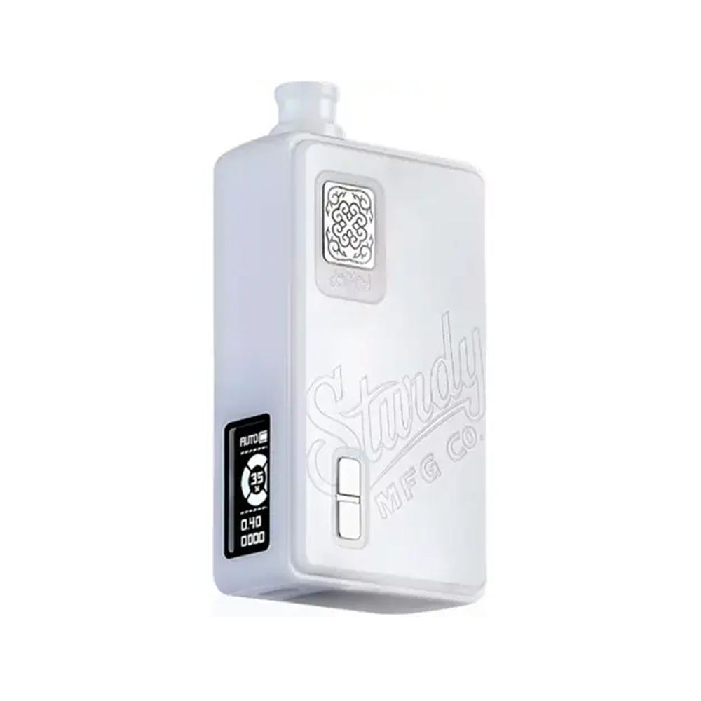 White Sturdy MFG Co. vape device with digital display showing settings.