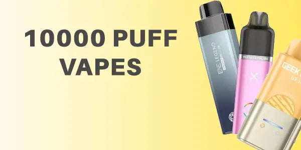 Collection of 10000 puff disposable vapes featuring Elux Ene Legend, Tasteflex, and Geek Bar models on a light yellow background.