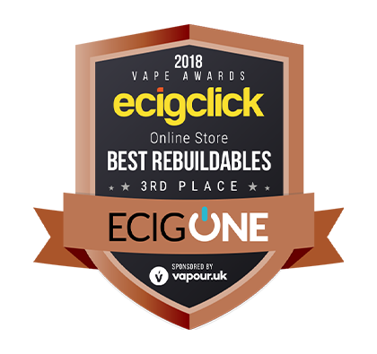 Award badge for Ecigclick's Best Rebuildables 2018, 3rd place, won by ECIGONE, sponsored by Vapour.uk.