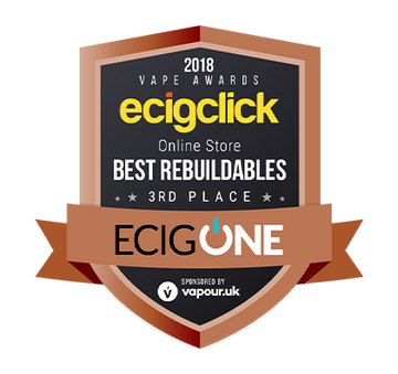 Award badge for Ecigclick's Best Rebuildables 2018, 3rd place, won by ECIGONE, sponsored by Vapour.uk.