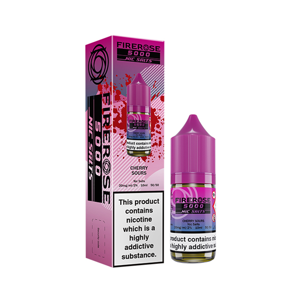 FireRose 5000 Cherry Sours vape juice bottle and box with nicotine warning label.