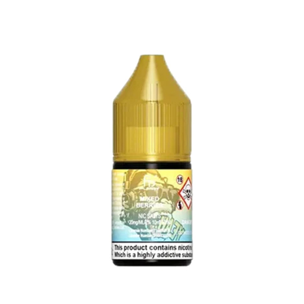 A 10ml bottle of Nasty Juice Mixed Berries vape liquid with a yellow cap and warning label.