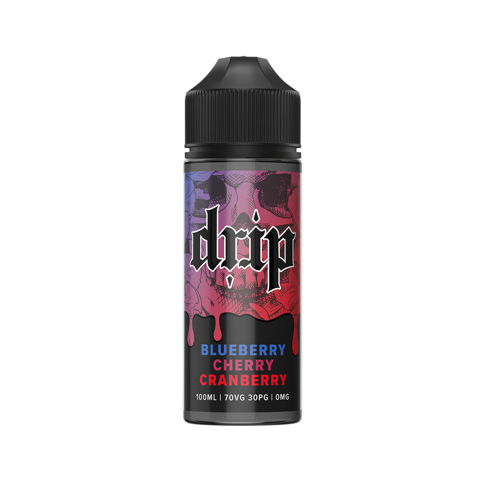 Drip e-liquid bottle, Blueberry Cherry Cranberry flavour, 100ml, black cap, colourful label.