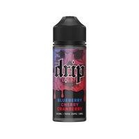 Drip e-liquid bottle, Blueberry Cherry Cranberry flavour, 100ml, black cap, colourful label.