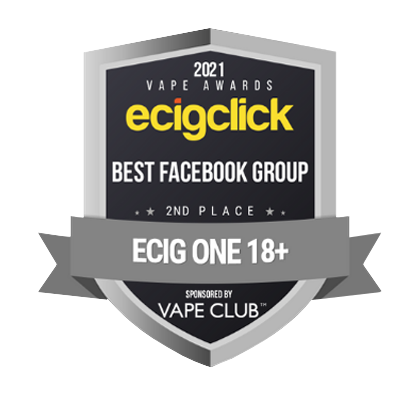 Award badge for "Ecigclick Best Facebook Group 2021," 2nd place, sponsored by Vape Club.