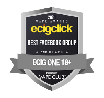 Award badge for "Ecigclick Best Facebook Group 2021," 2nd place, sponsored by Vape Club.