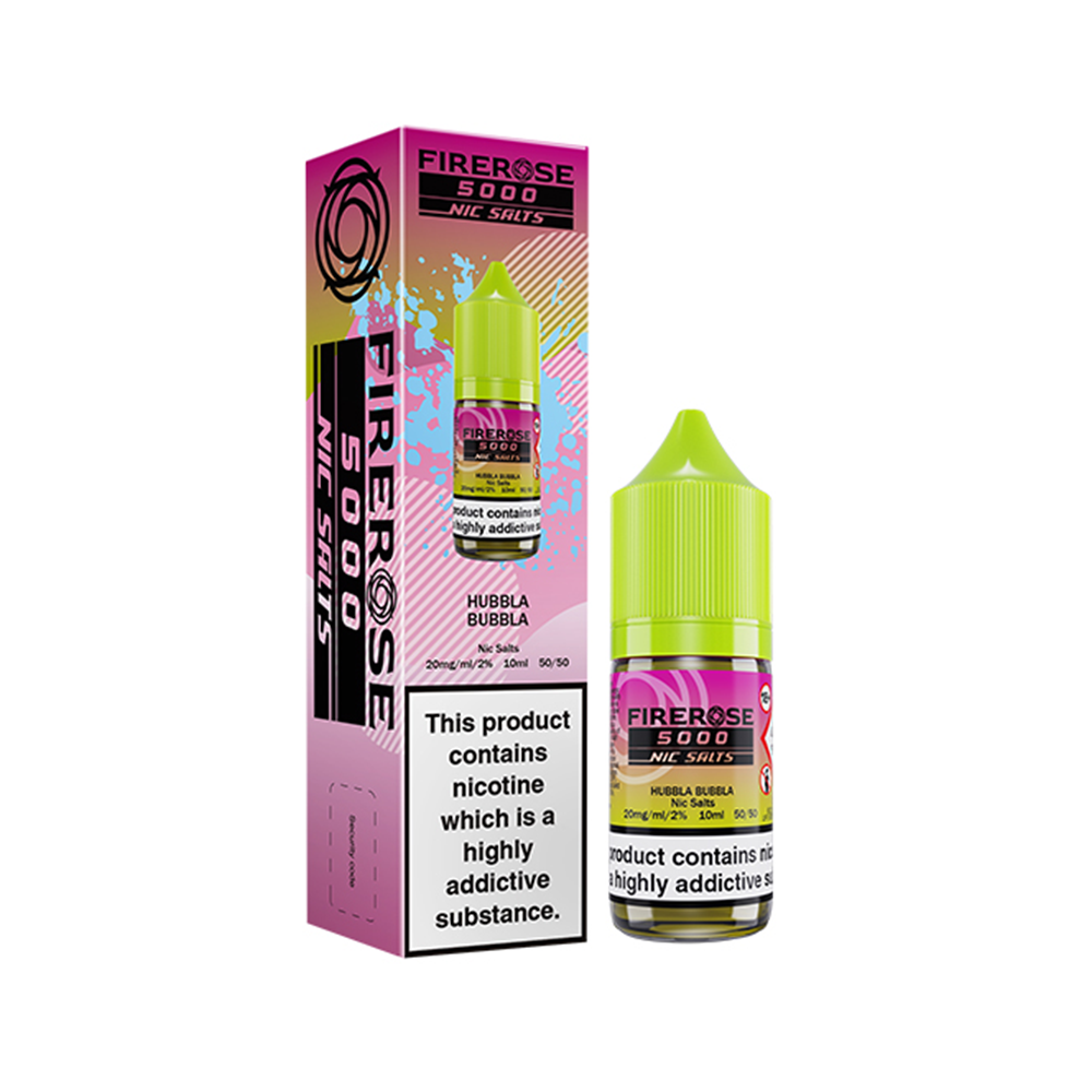 FireRose 5000 Nic Salts Hubba Bubba e-liquid, pink and green packaging with nicotine warning.