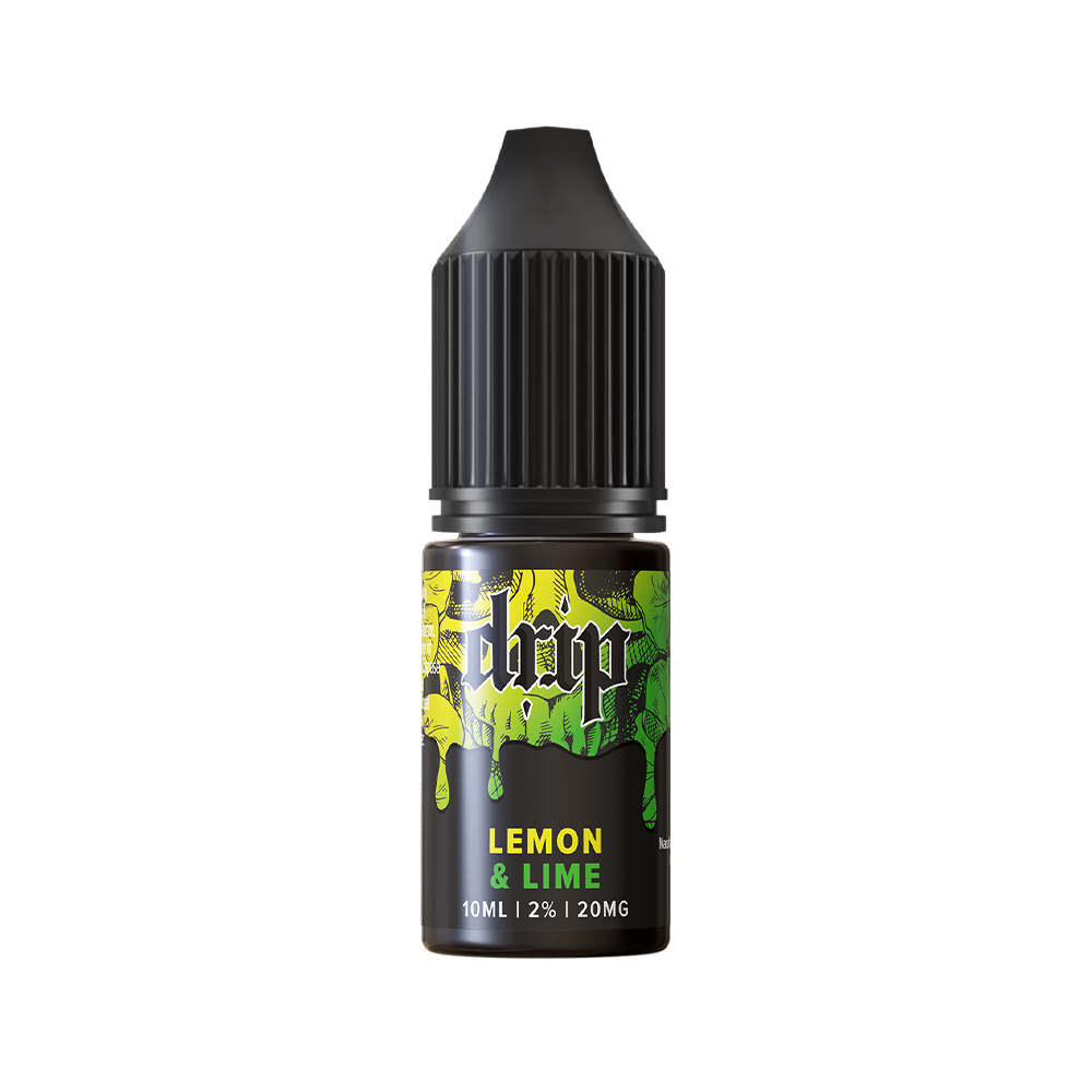 Bottle of Drip Lemon & Lime e-liquid, 10ml, with a black cap and vibrant green label.