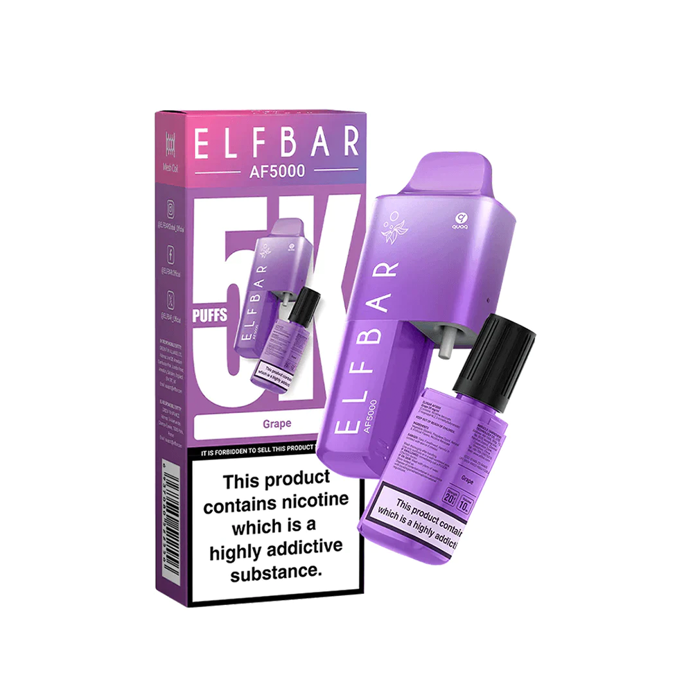 Elf Bar AF5000 grape vape with packaging, purple design and nicotine warning label.