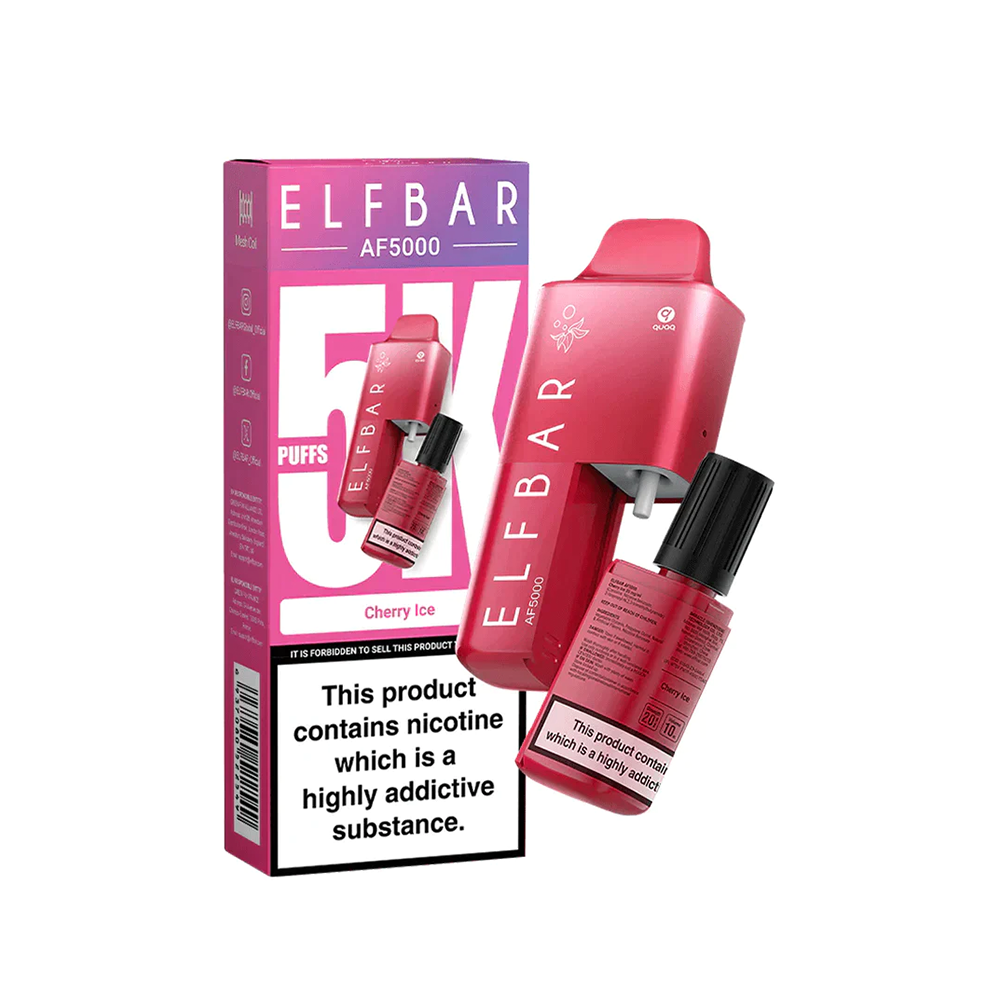 Elf Bar AF5000 Cherry Ice vape with packaging, showing 5000 puffs and nicotine warning label.