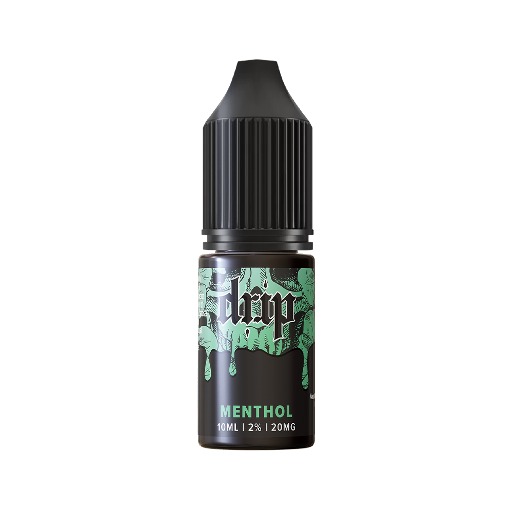 Drip Menthol e-liquid bottle, 10ml, with black cap and green label design.