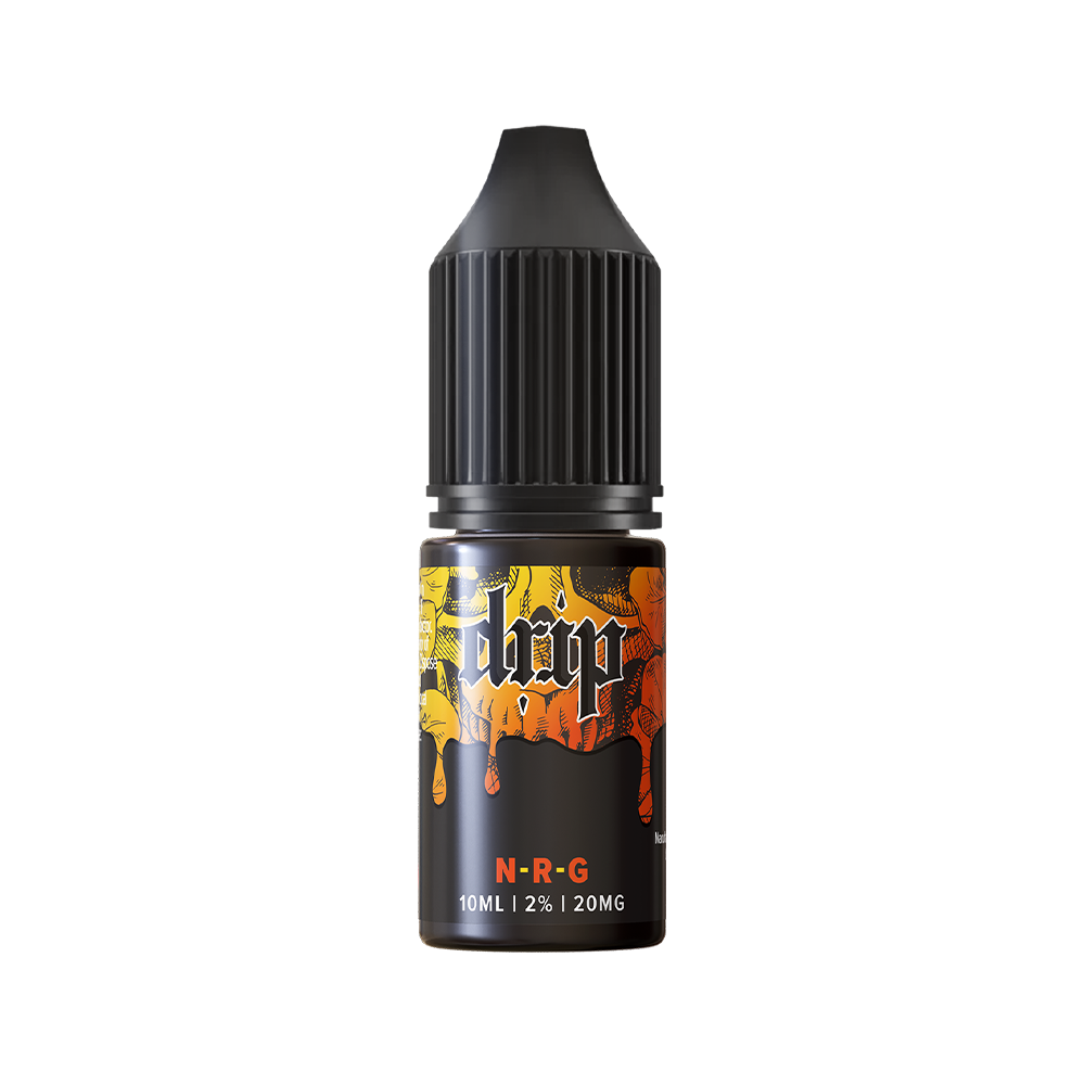 Drip N-R-G e-liquid bottle, 10ml, black cap, vibrant label design.