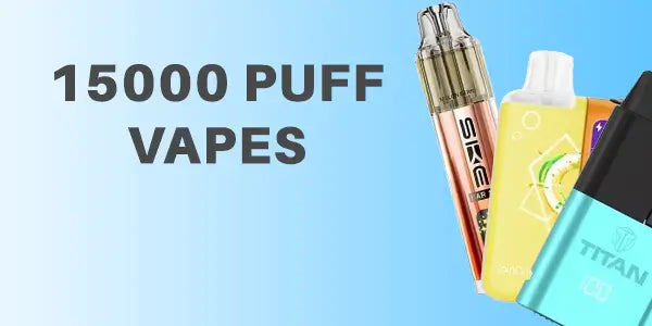 Selection of 15000 puff high-capacity disposable vapes featuring SKE Crystal, Titan, and JoinOne models on a light blue gradient background.