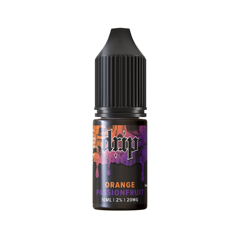 Drip Orange Passionfruit e-liquid bottle with a black cap and vibrant label design.